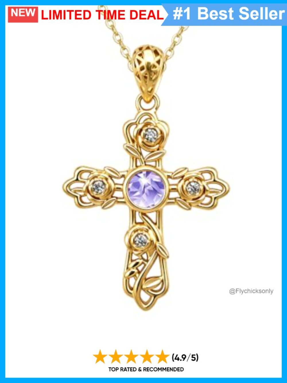 18K Gold Plated Filigree Rose Cross Necklace Cubic Zirconia Pendant